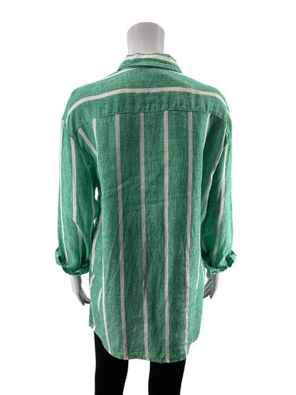 Magaschoni Green/White Button Down Green &amp; White Striped 100% Linen Button Down Shirt Size Small - Size S