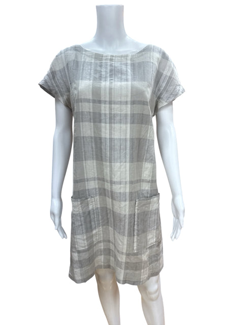 Eileen Fisher white/gray Shift Organic Linen Cotton Plaid Shift Dress Size Medium - Size M