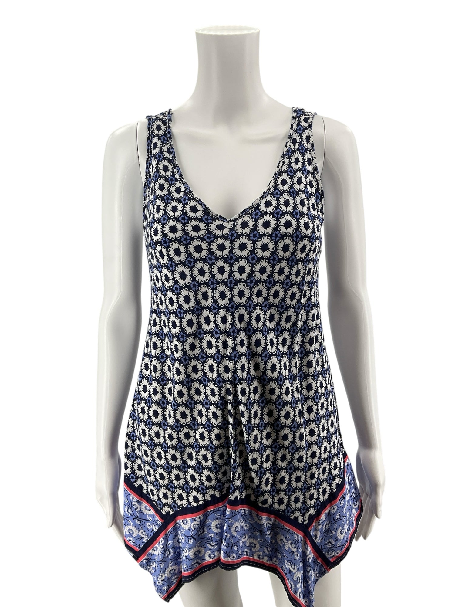 Tribal Medallion Print Handkerchief Hem Tank Top Blue White PS