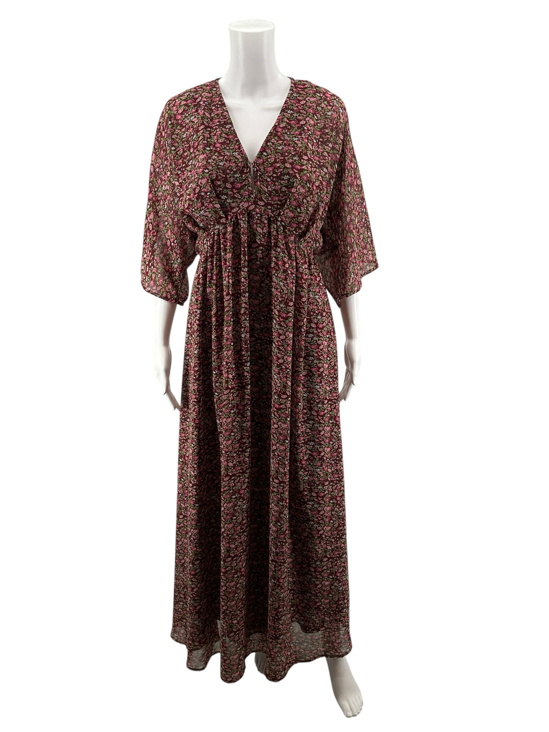 Entro Floral Flutter Sleeve Midi Dress Burgundy V-Neck Size Small