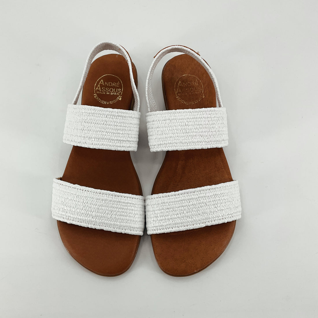 Andre Assous Featherweight White Woven Backstrap Sandals Made in Spain Size 7