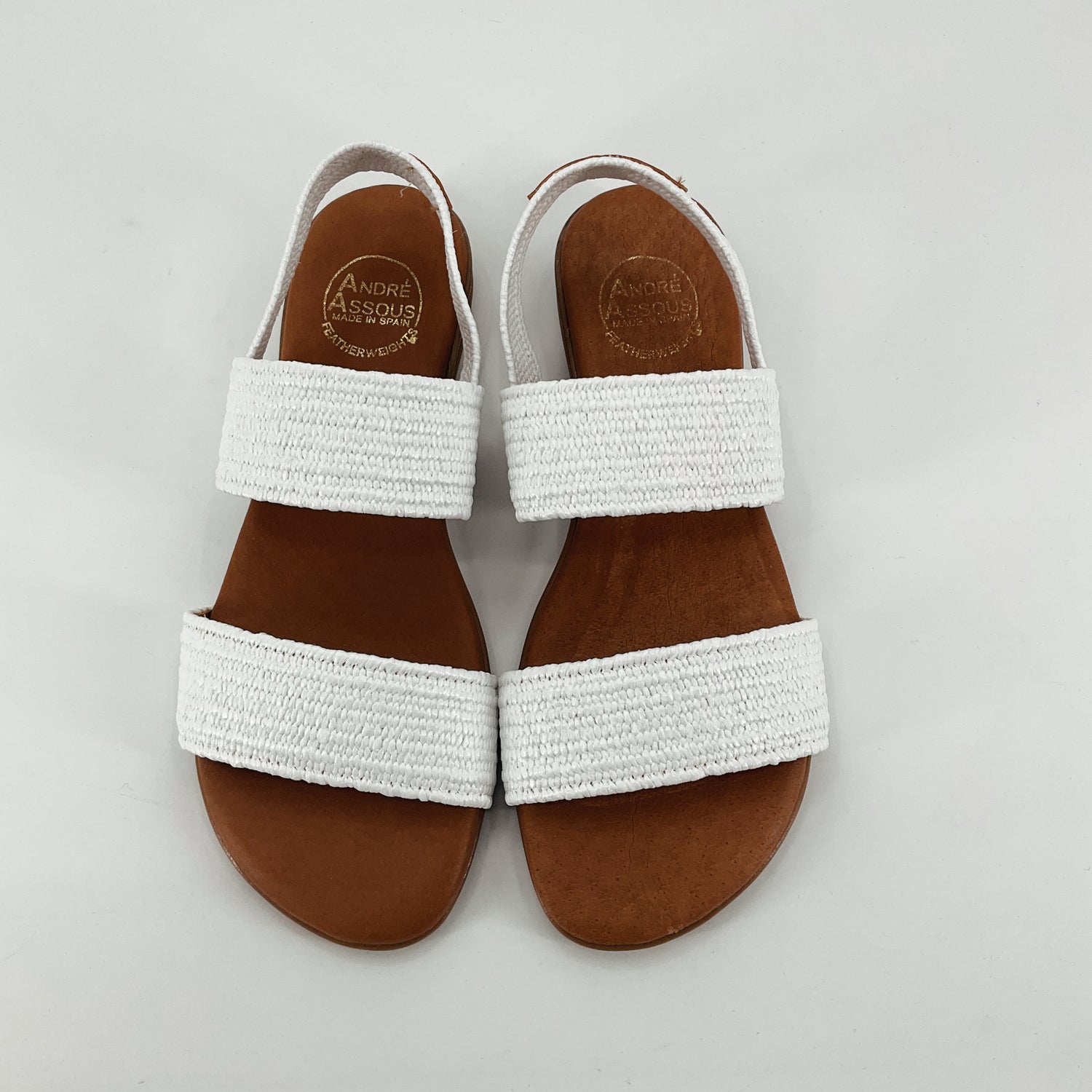 Andre Assous Featherweight White Woven Backstrap Sandals Made in Spain Size 7