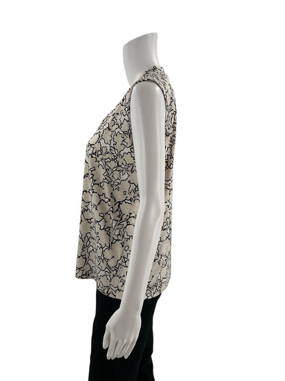 Jones New York tan and white print tie-neck, sleeveless blouse, V-neck, size Petite Large, perfect for business casual wear.