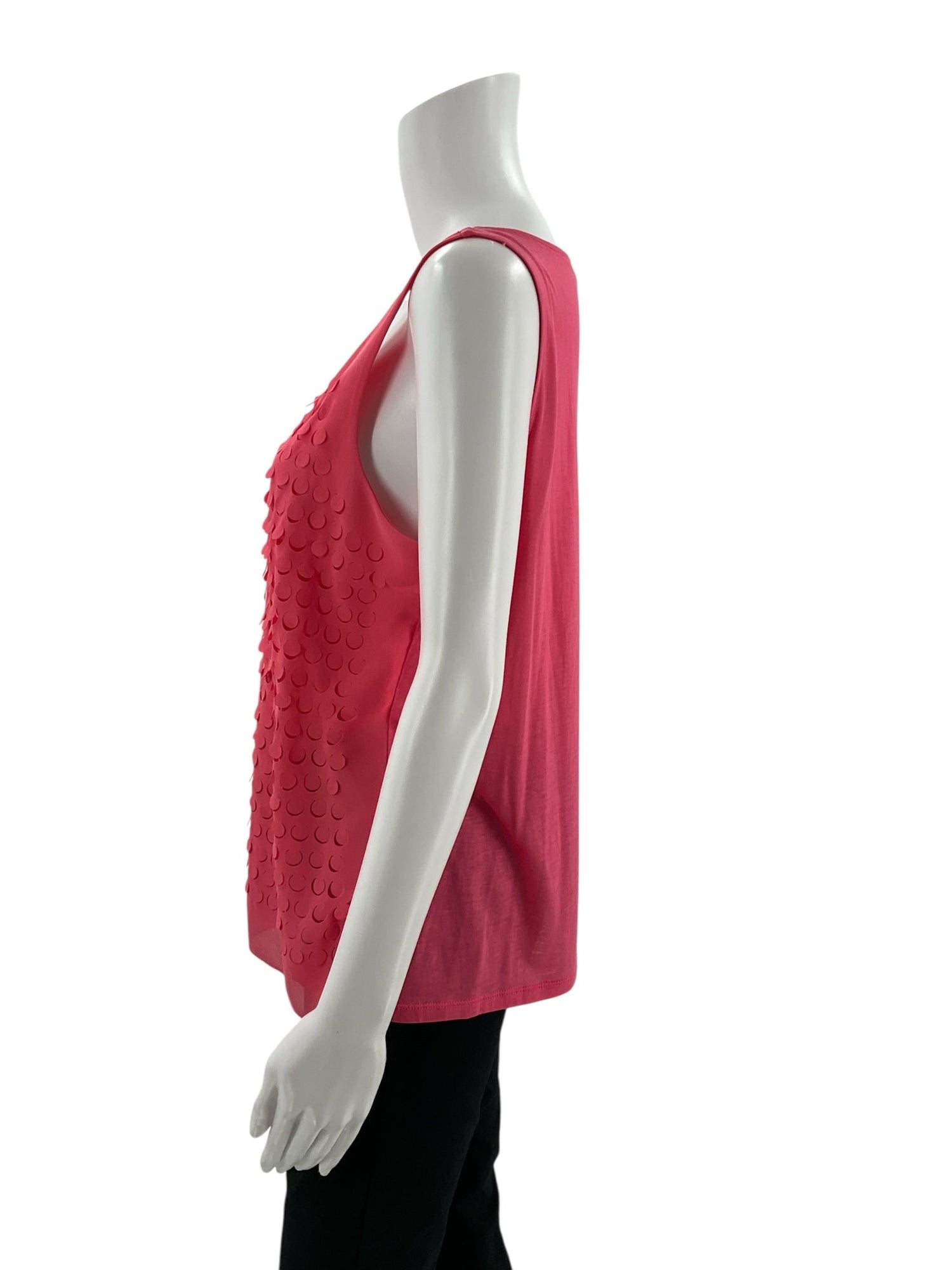 Ann Taylor pink solid sleeveless shell blouse, size large petite, featuring a mixed media A-line design for casual or business wear.