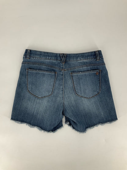 Democracy blue denim high rise shorts for women, size 8, featuring a cut-off style and classic jean design.