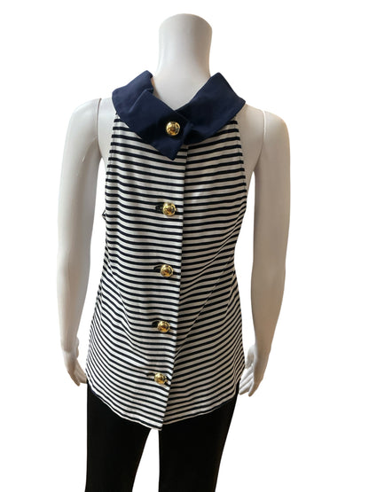 Sail to Sable Striped Funnel Neck Sleeveless Top Navy White Gold Buttons Small - ONLINE ONLY