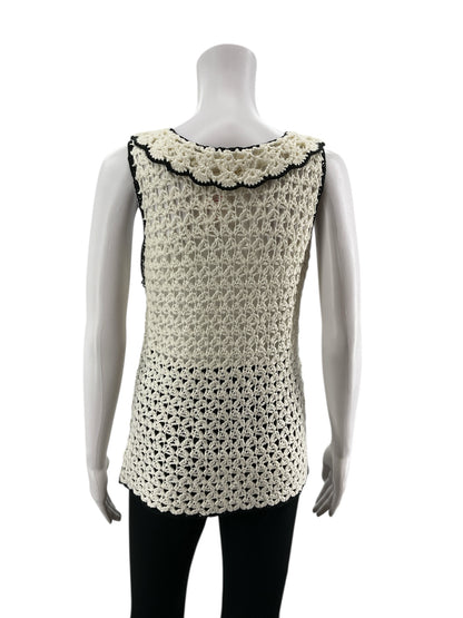 BiBi Cream/Black Sleeveless Cream Crochet Knit Tank Top Scalloped Black Trim Boho Sleeveless Top Size Large - Size L
