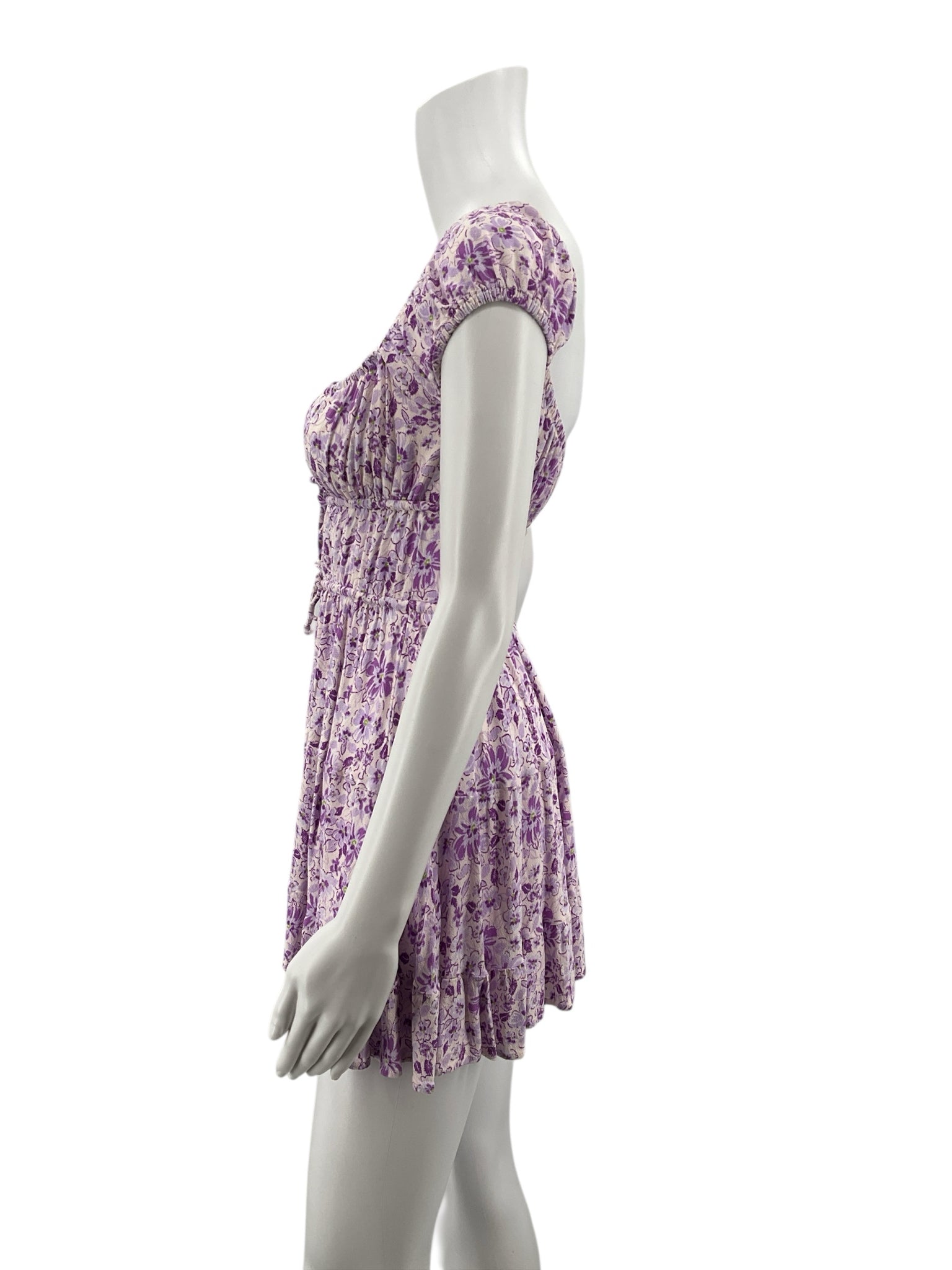 Sky To Moon purple/white Babydoll Purple Floral Puff Sleeve Babydoll Mini Dress Size Small - Size S