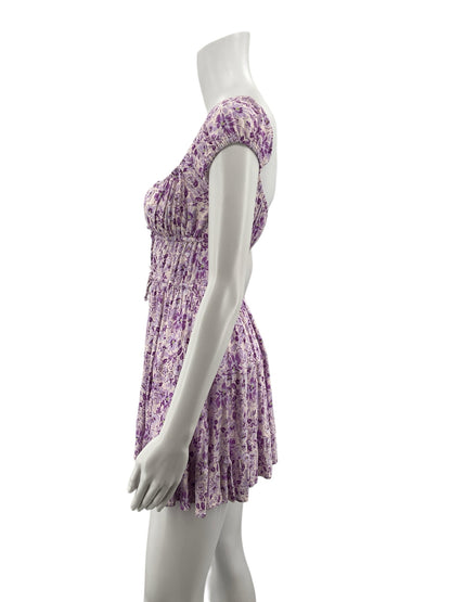 Sky To Moon purple/white Babydoll Purple Floral Puff Sleeve Babydoll Mini Dress Size Small - Size S