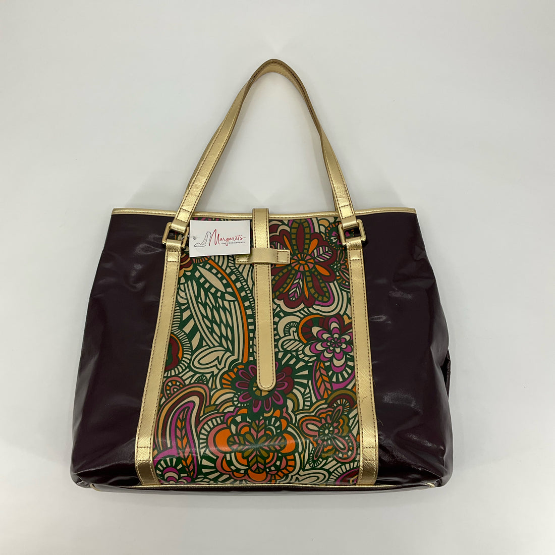 Kate Landry Maroon &amp; Gold Floral Paisley Print Structured Tote Bag - ONLINE ONLY