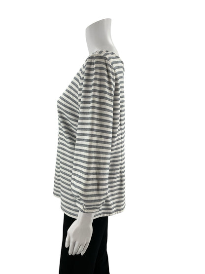 Talbots pre-owned white and navy stripe ladies top with balloon sleeves and boatneck, size medium.