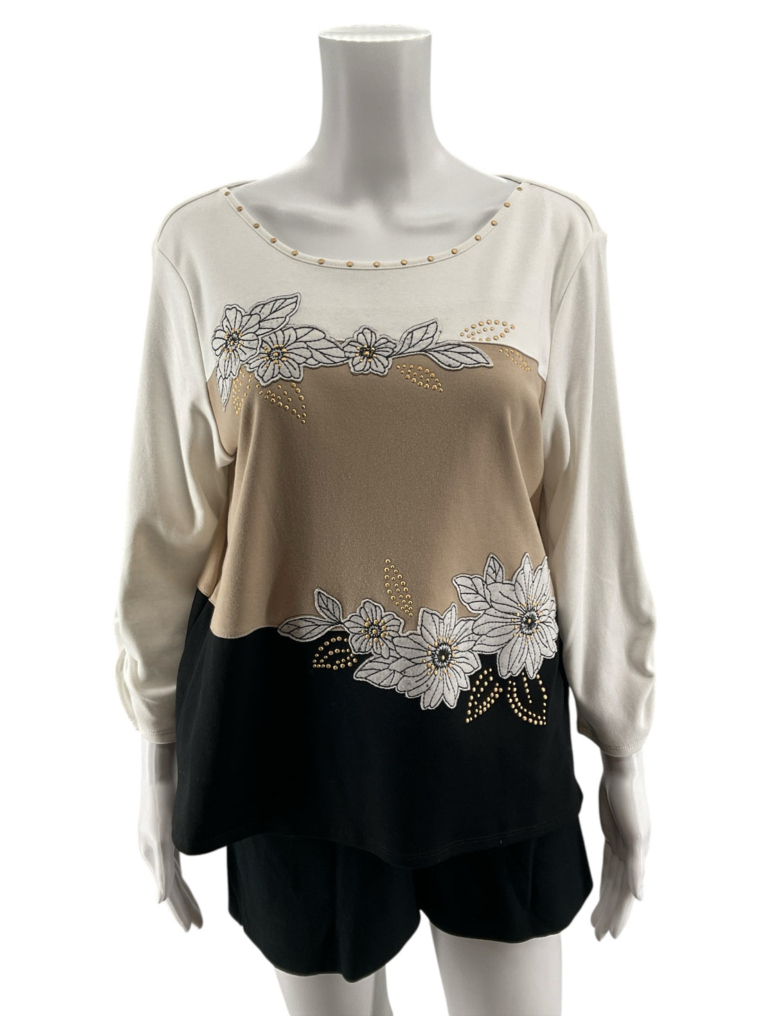 Alfred Dunner Petite Medium Floral Embroidered Color Block Top