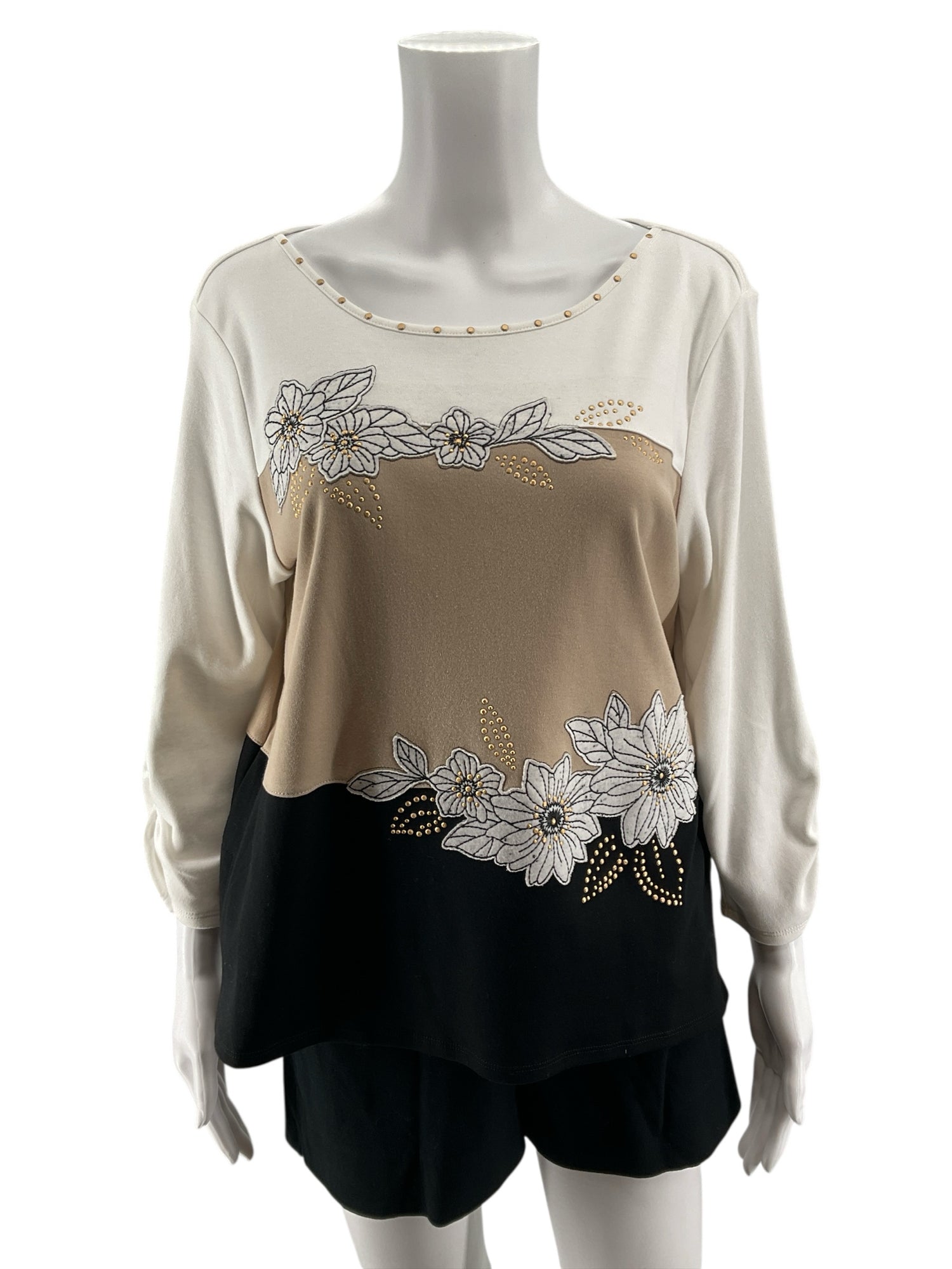 Alfred Dunner Petite Medium Floral Embroidered Color Block Top