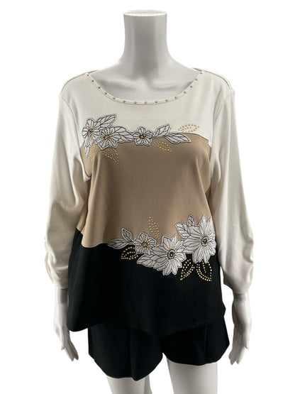 Alfred Dunner Petite Medium Floral Embroidered Color Block Top