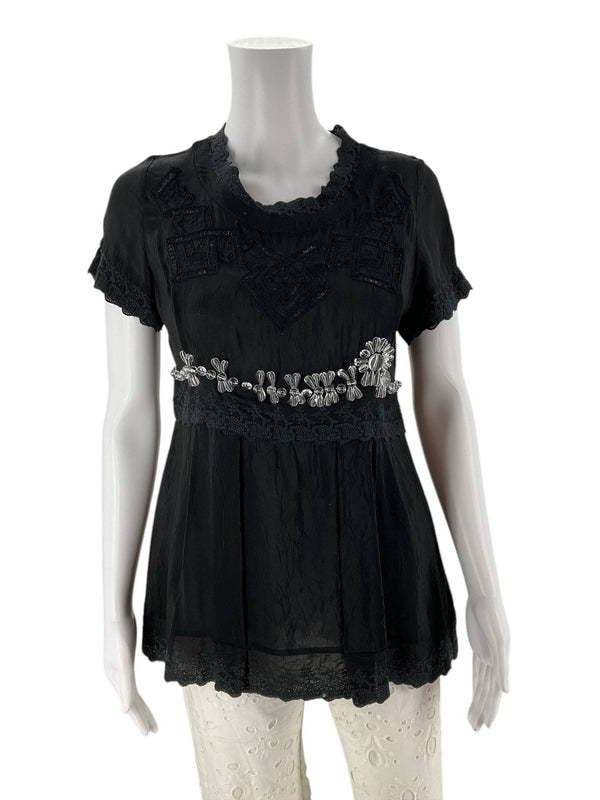 Front view of Johnny Was Black Beaded Casual Top Size XS with intricate embroidery and lace trim, available at Margaret’s Fine Consignments.