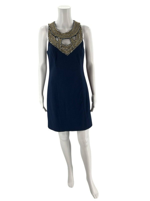 Front view of Lilly Pulitzer Navy & Gold Beaded Dress – Size 4 on mannequin, featuring detailed gold embellishments and tailored fit.