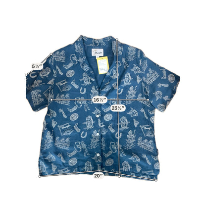 Wrangler Blue/Tan Button Down Western Rodeo Print Camp Shirt Women&