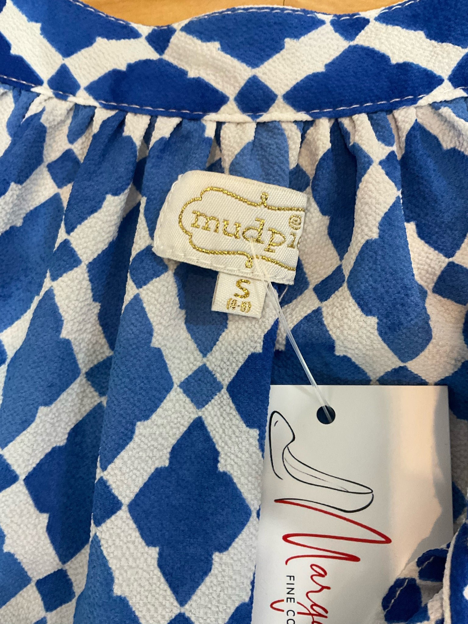 Mud Pie Mahalaya Halter Tunic Top Blue White Geometric Print Tassel Small