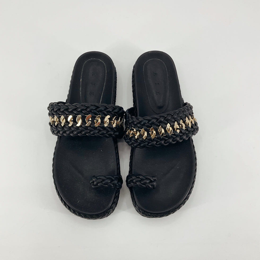 Aje Catara Braided Chain Slide Sandals Black Gold Size 7.5