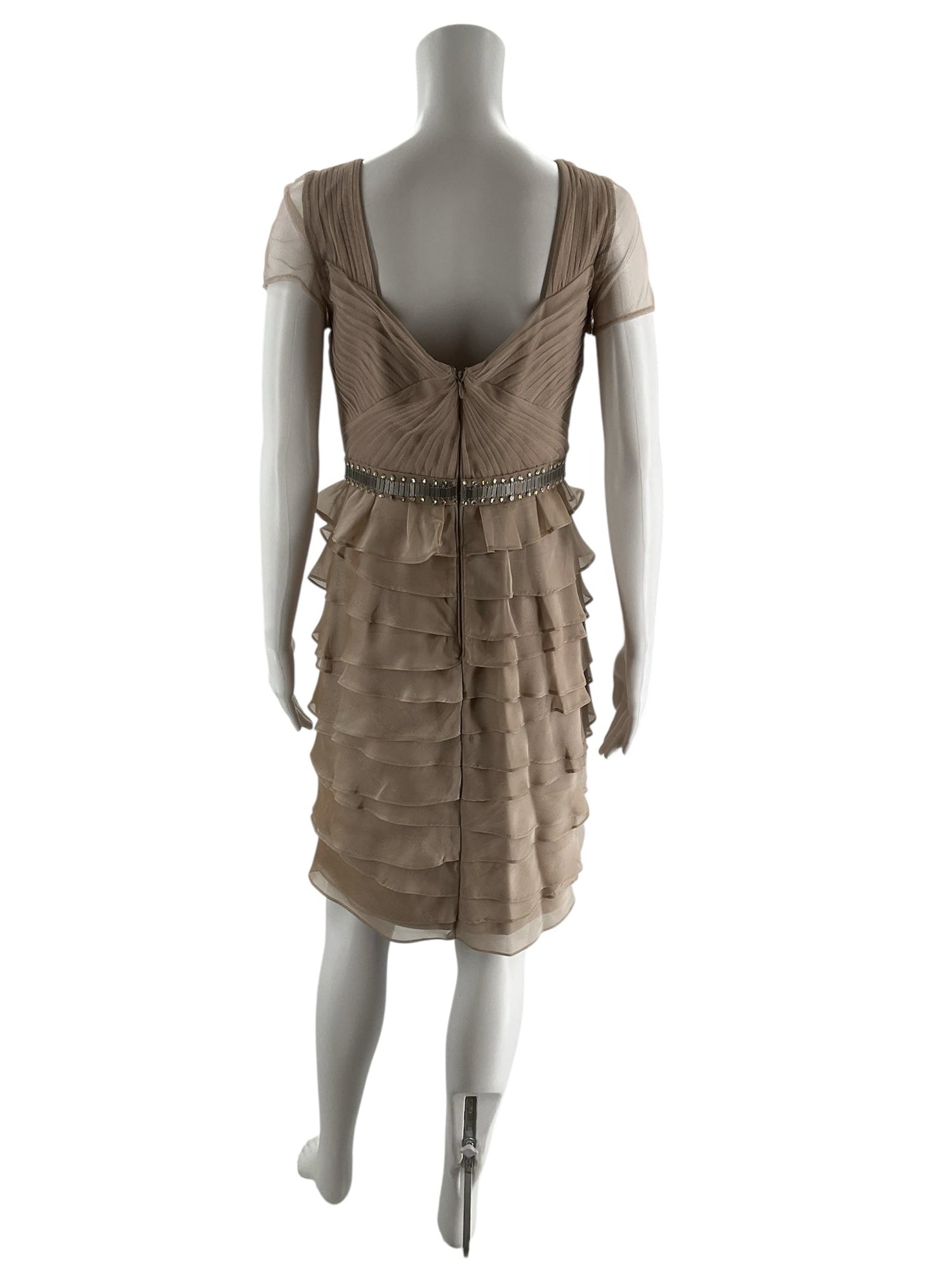 Adrianna Papell taupe ruffle dress size 6, featuring layered ruffles and a flattering silhouette for ladies.