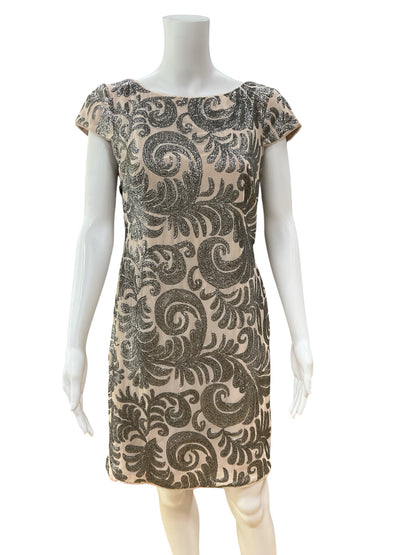 Adrianna Papell Gold &amp;amp; Tan Sequin Cap Sleeve Cocktail Dress 10 Petite