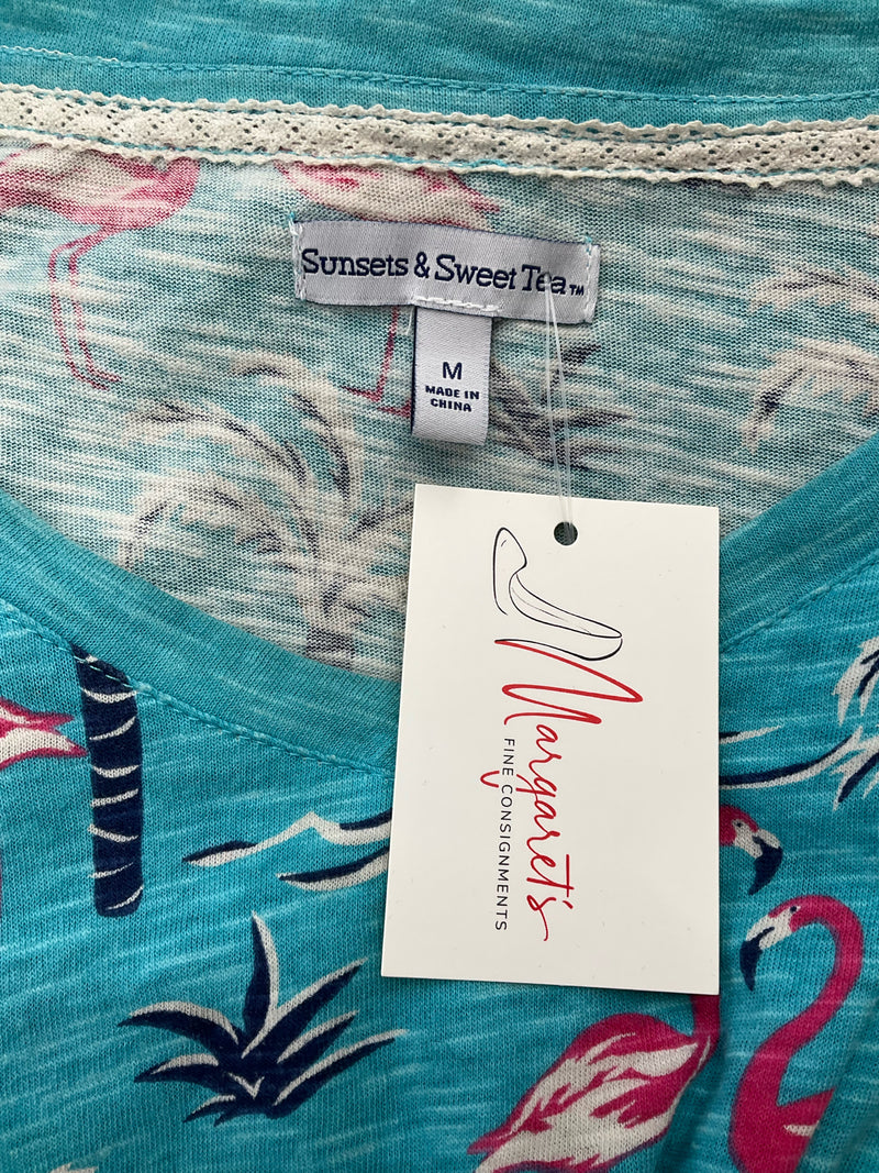 Sunsets & Sweet Tea Turquoise/Multi Flamingo Ladies Top - Size Medium