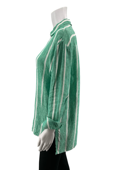 Magaschoni Green/White Button Down Green &amp; White Striped 100% Linen Button Down Shirt Size Small - Size S