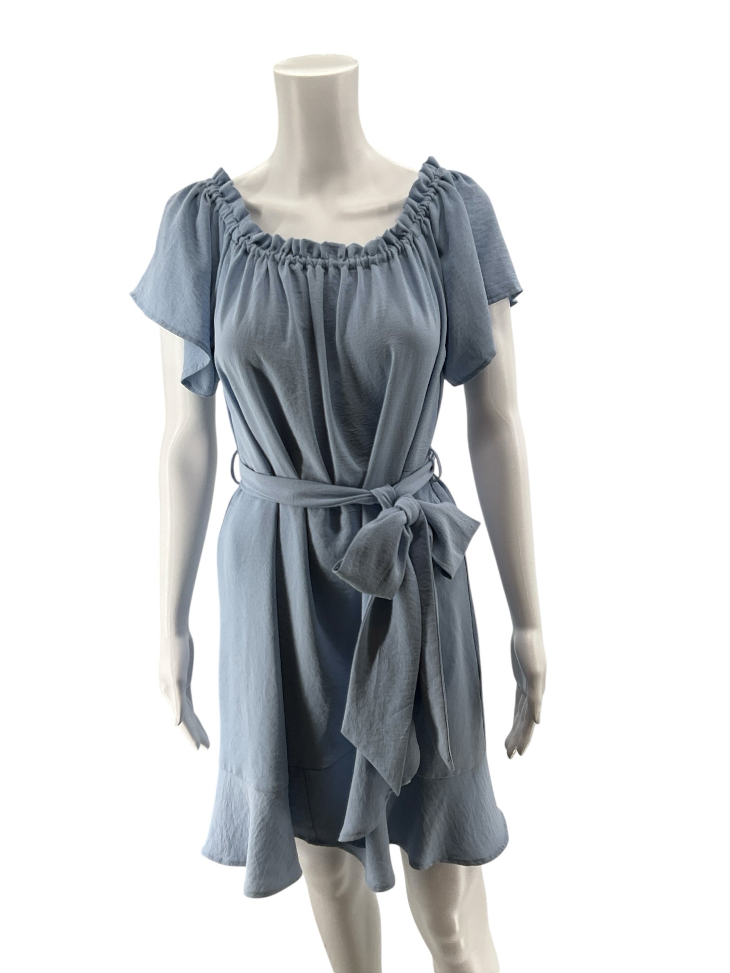 Entro Baby Blue Off-Shoulder Flutter Sleeve Ruffle Mini Dress | Size Large