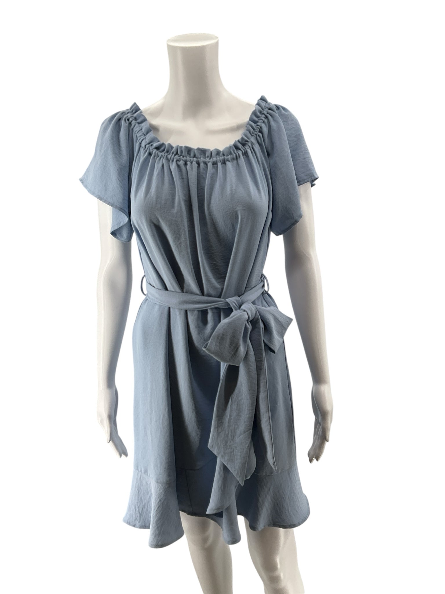 Entro Baby Blue Off-Shoulder Flutter Sleeve Ruffle Mini Dress | Size Large