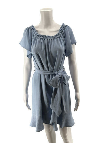 Entro Baby Blue Off-Shoulder Flutter Sleeve Ruffle Mini Dress | Size Large