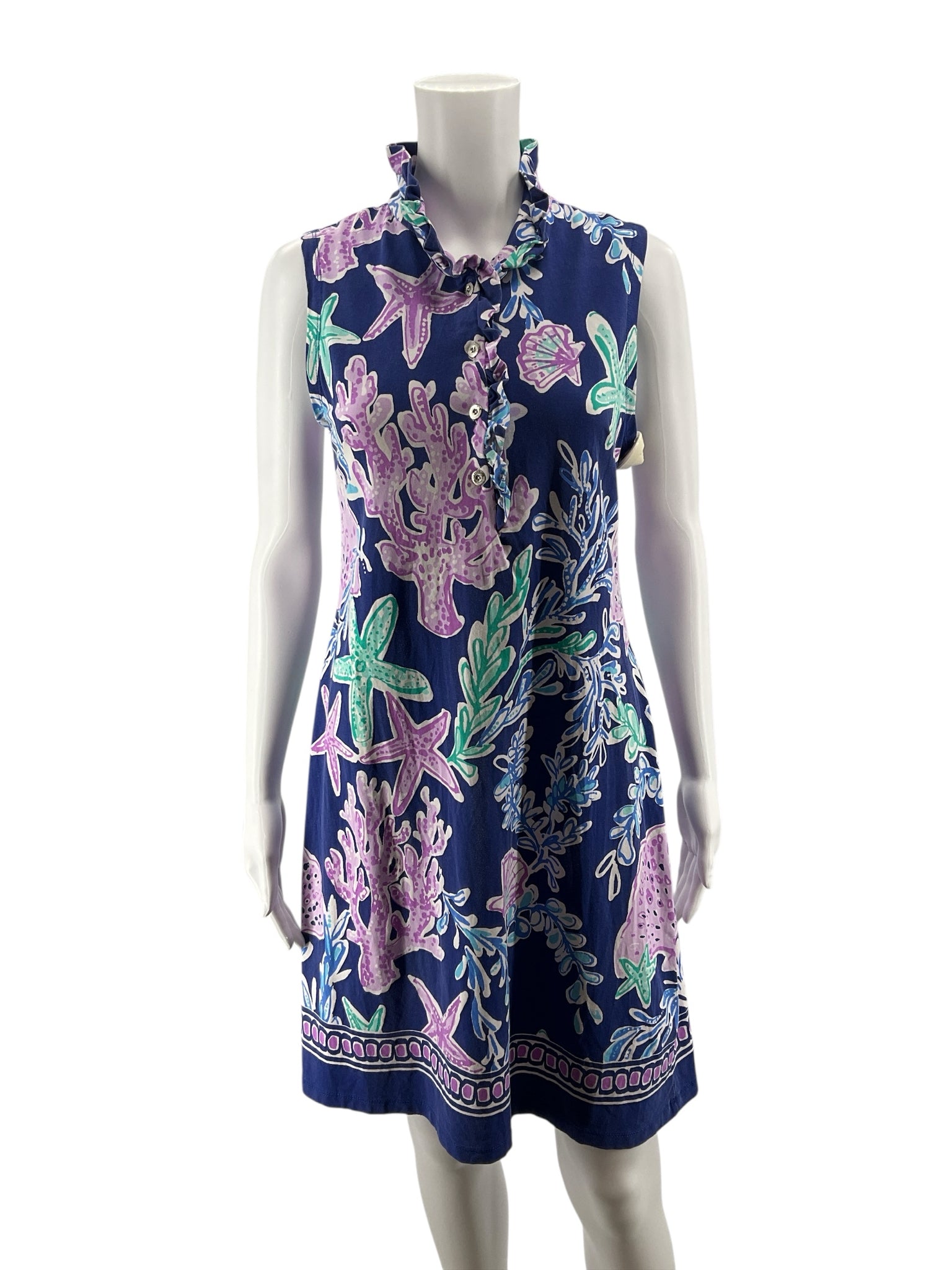Barbara Erickson Coral Reef Print Ruffle Neck Dress Size Small