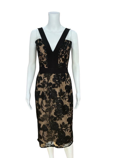 Dress the Population black/tan Bodycon Audrey Flocked Sequin Midi Dress Black Tan Size Small - Size S