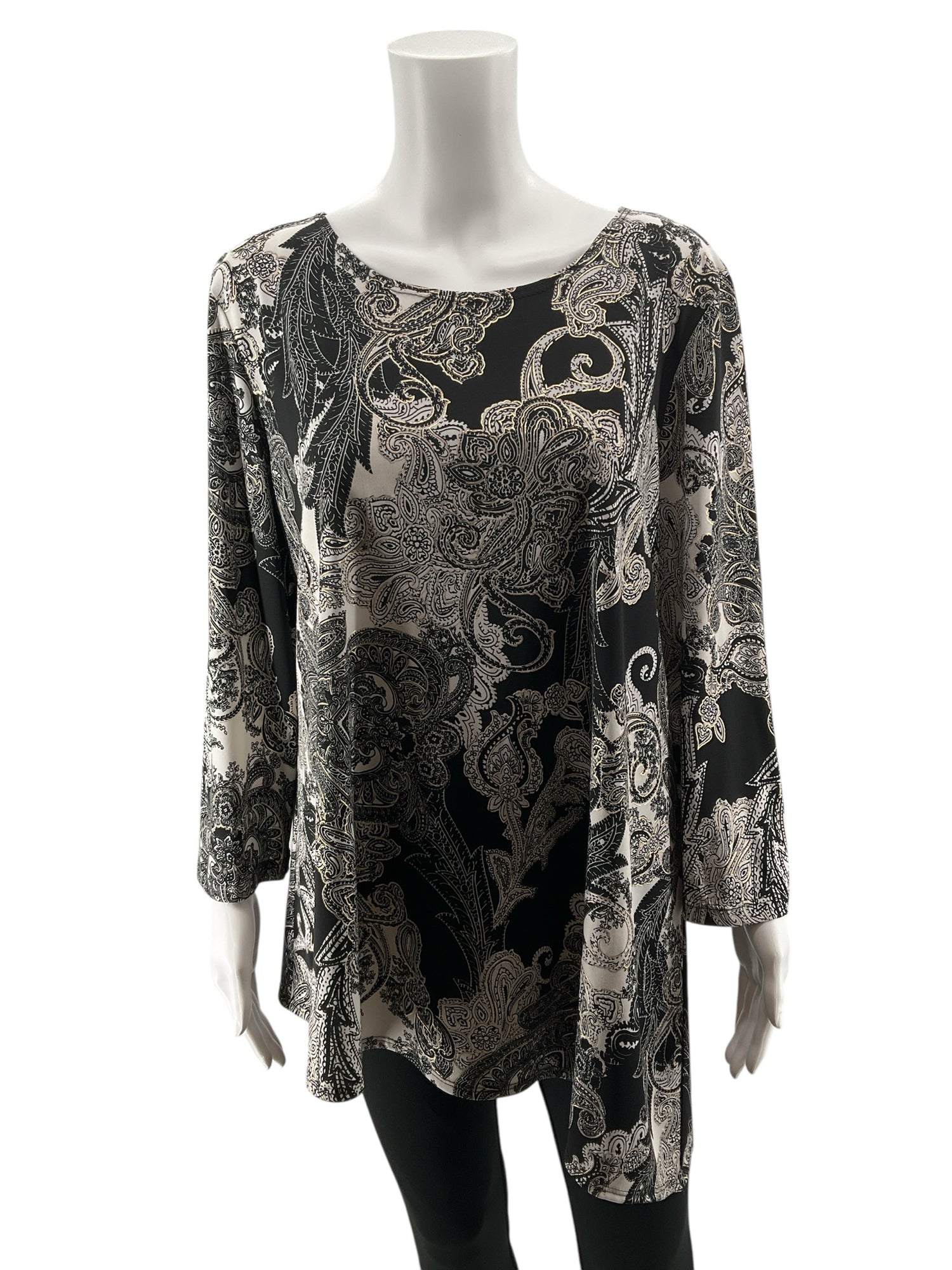 Travel Elements Paisley Print Tunic Top Black White Gold 3/4 Sleeve XL