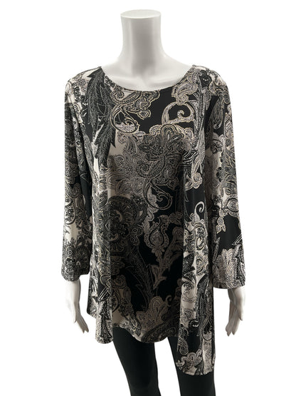 Travel Elements Paisley Print Tunic Top Black White Gold 3/4 Sleeve XL