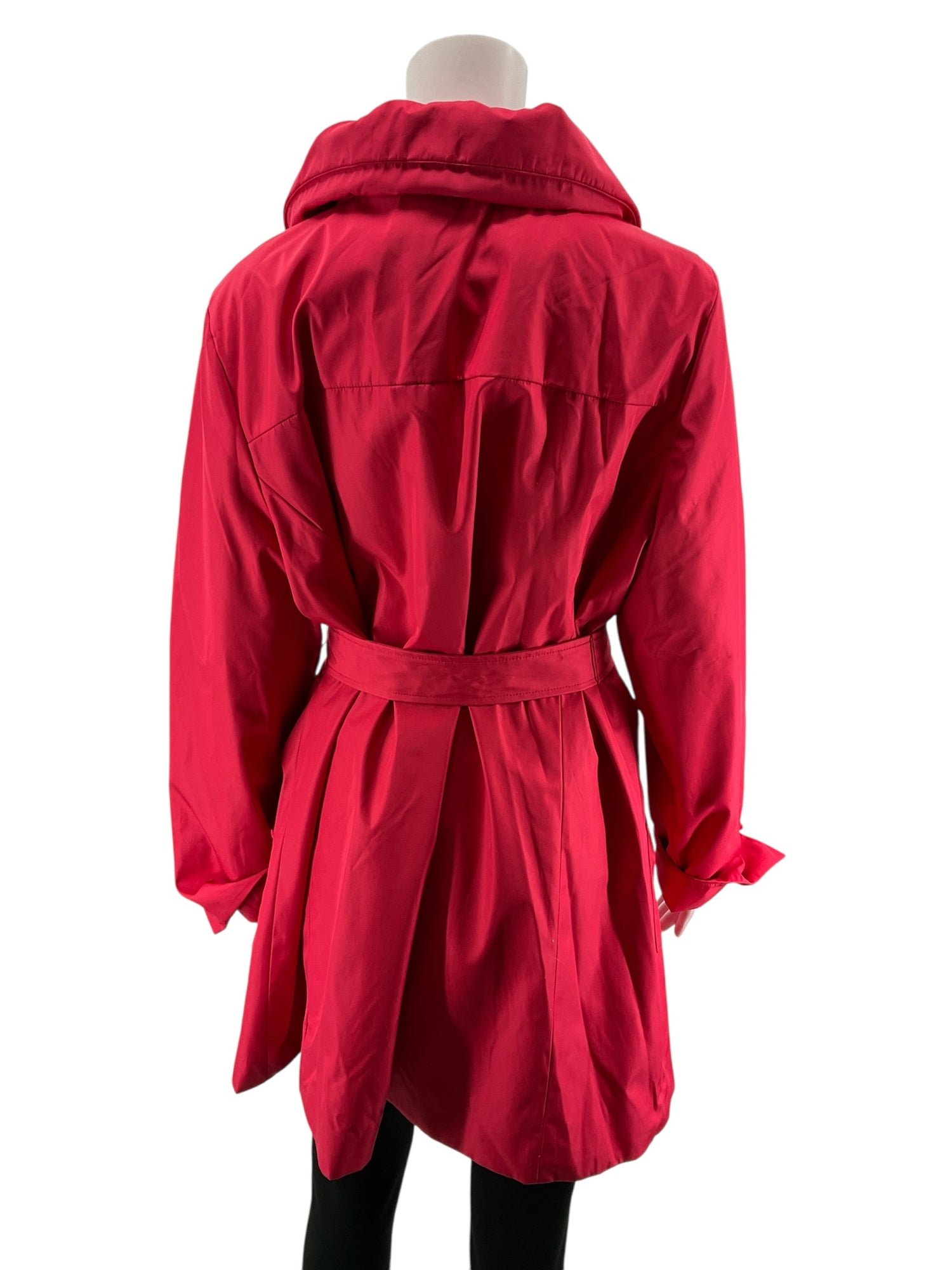 Dennis Basso Cherry Red Trench Coat Jacket Ruched Collar Belted Size Large