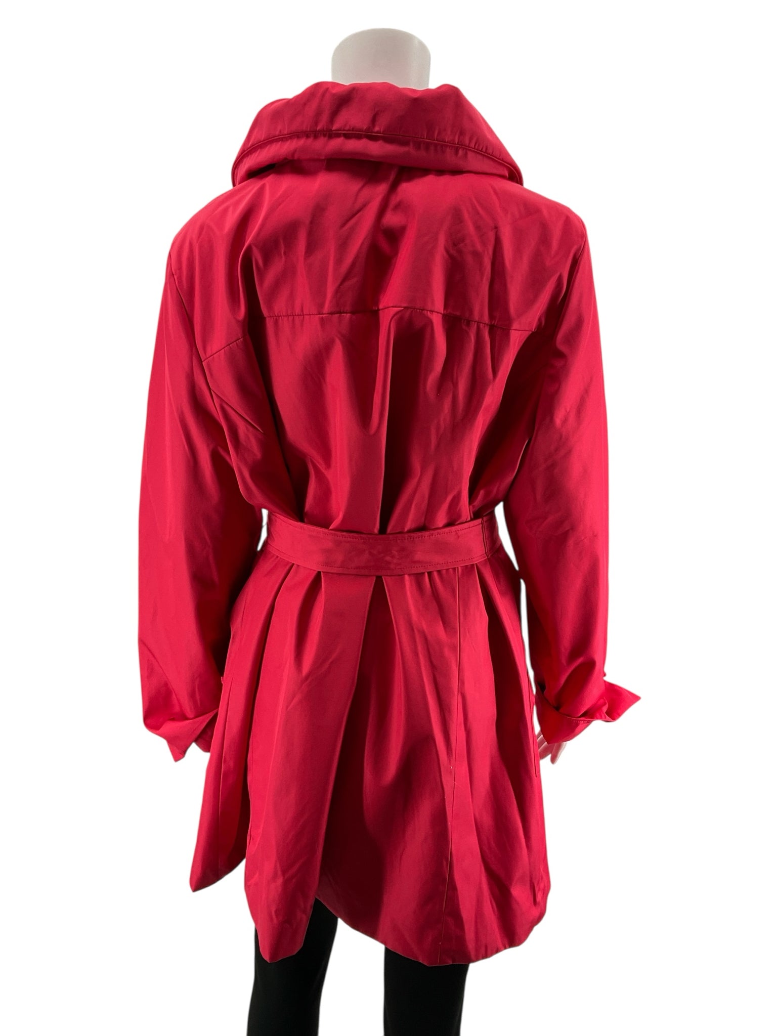 Dennis Basso Cherry Red Trench Coat Jacket Ruched Collar Belted Size Large