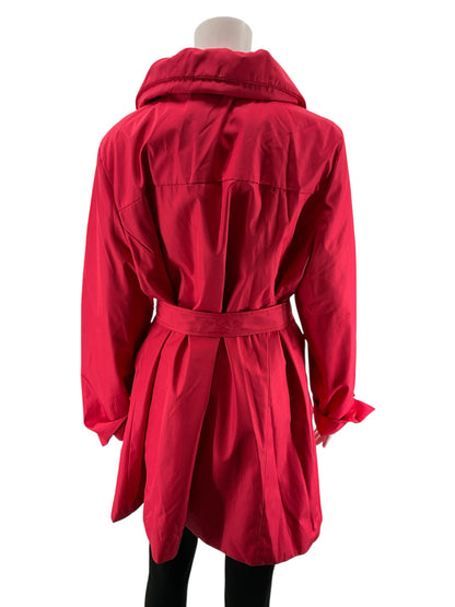 Dennis Basso Cherry Red Trench Coat Jacket Ruched Collar Belted Size Large