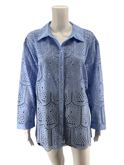 Lilly Pulitzer Astara Eyelet Tunic Top XL Light Blue Cotton Button Down Pre-Owned