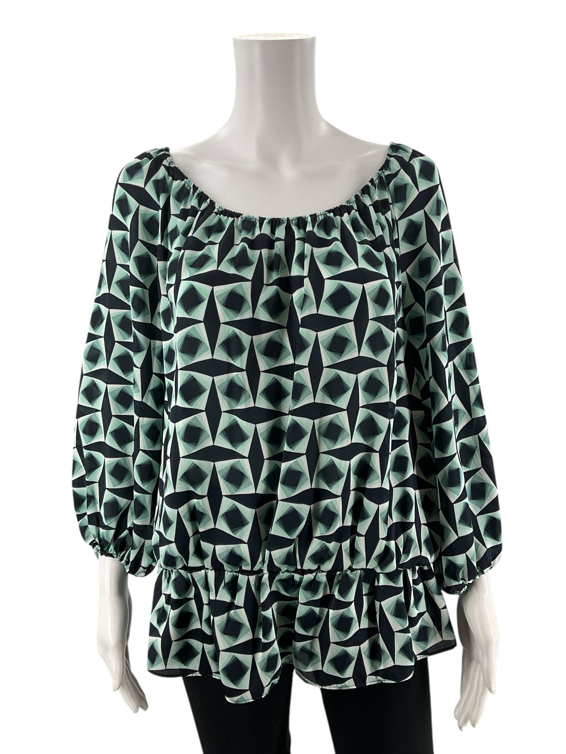 Vince Camuto navy and mint green print off-the-shoulder peplum blouse with balloon sleeves, size large, in casual style.
