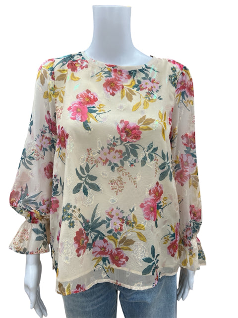 Loft Cream/Multi Floral Top Size Petite Medium - front view