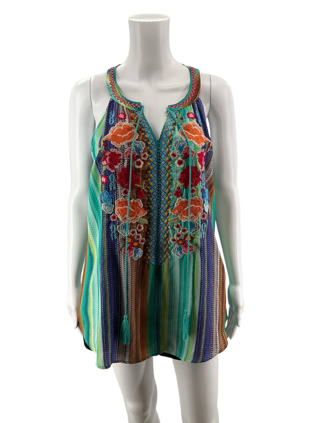 Savanna Jane Floral Embroidered Tassel Tie Tunic Top Size Large