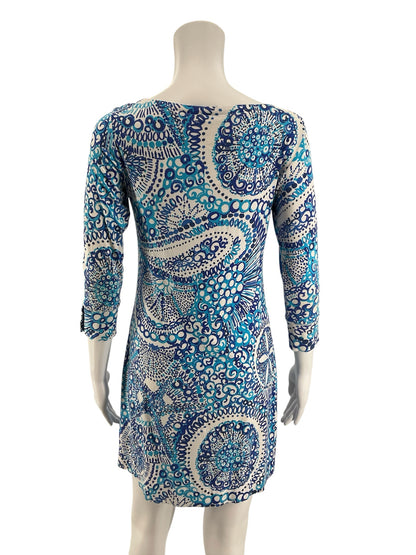 Lilly Pulitzer Sophie Dress Size S Blue White Medallion Print 3/4 Sleeve