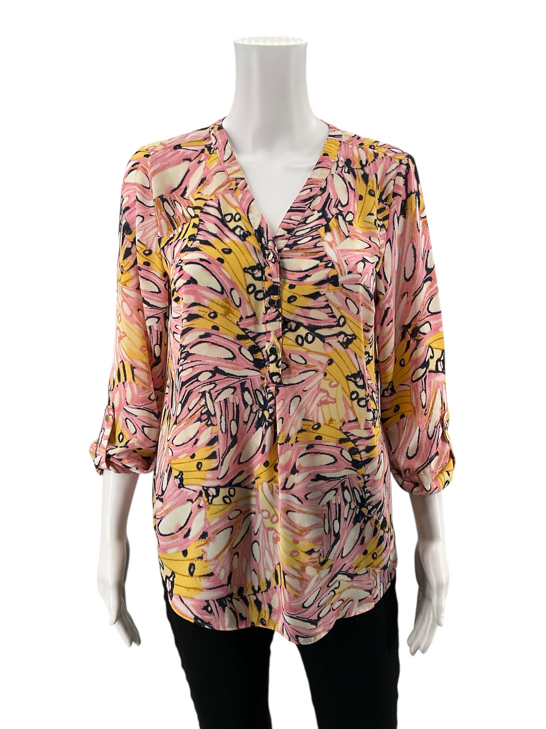 JM Collection Pink/Yellow Print Pre-Owned Ladies Top -  Size Medium Petite