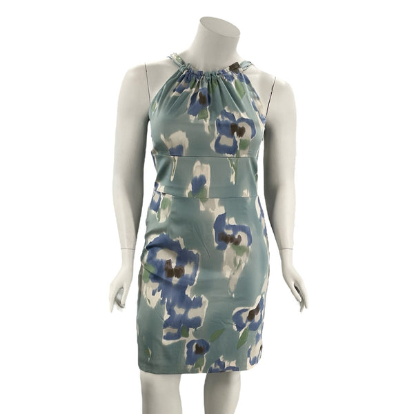 Ann Taylor sleeveless pre-owned dress in multicolor green and blue floral print, size 14, featuring a gathered neckline and fitted silhouette.