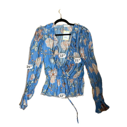 Ramy Brook blue/blush Long Sleeve Maris Floral Lurex Wrap Top Blue Blush Bishop Sleeve Blouse S/M - Size S/M