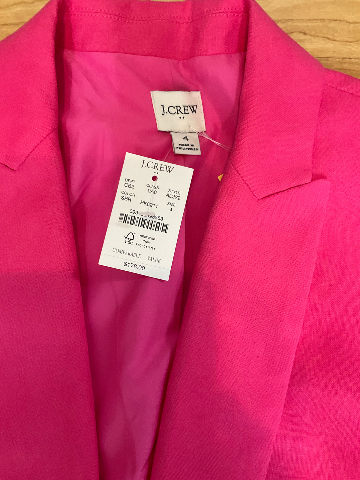 J.Crew Parke Linen-Cotton Blazer Fuchsia Pink NWT Size 4