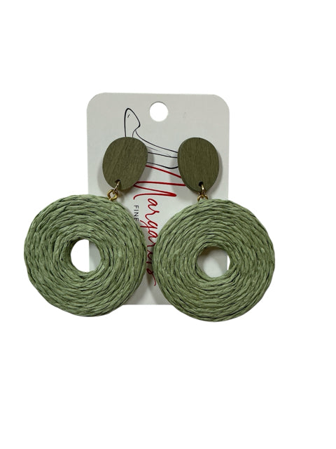 Margaux Handcrafted Woven Raffia &amp; Wood Statement Drop Earrings Sage Green Boho