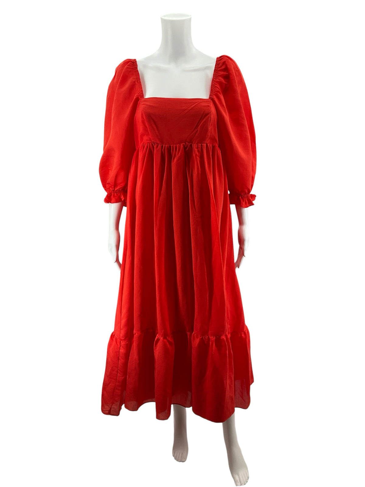 Storia NWT Reddish Orange Tiered Puff Sleeve Midi Dress | Size Small - ONLINE ONLY