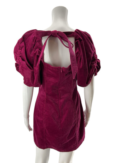 Pilcro The Clementine Corduroy Puff Sleeve Mini Dress Fuchsia Size Medium