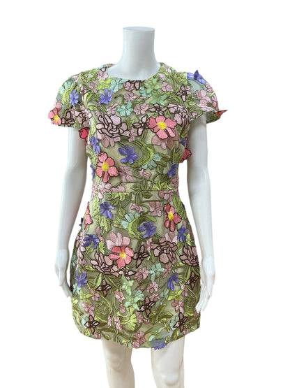 Just Me Embroidered Floral Tulle Mini Dress Green Pink Purple Size Medium